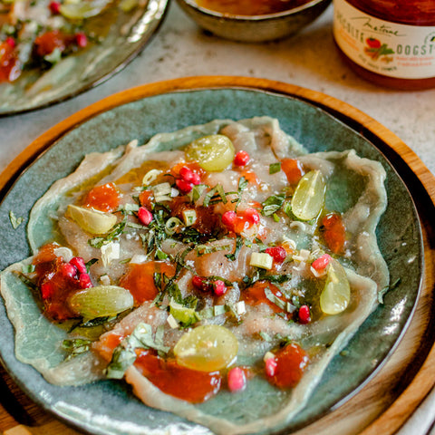 Carpaccio de veau et vinaigrette à la confiture fraise – rhubarbe Récolte