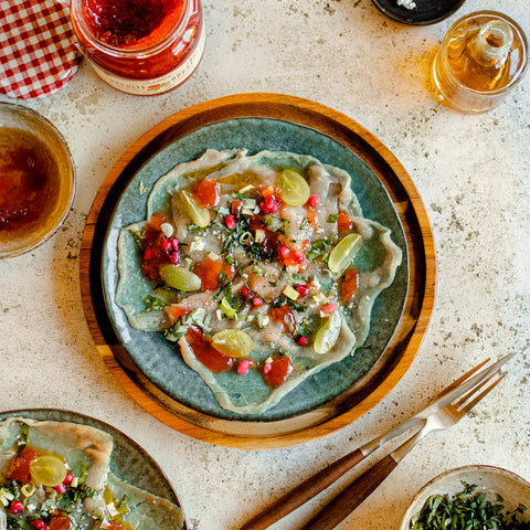Carpaccio de veau et vinaigrette à la confiture fraise – rhubarbe Récolte