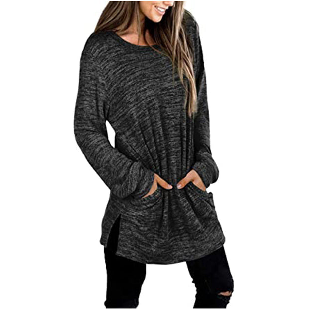 Women medium lenght casual sweatshirts long sleeves round neck sweater
