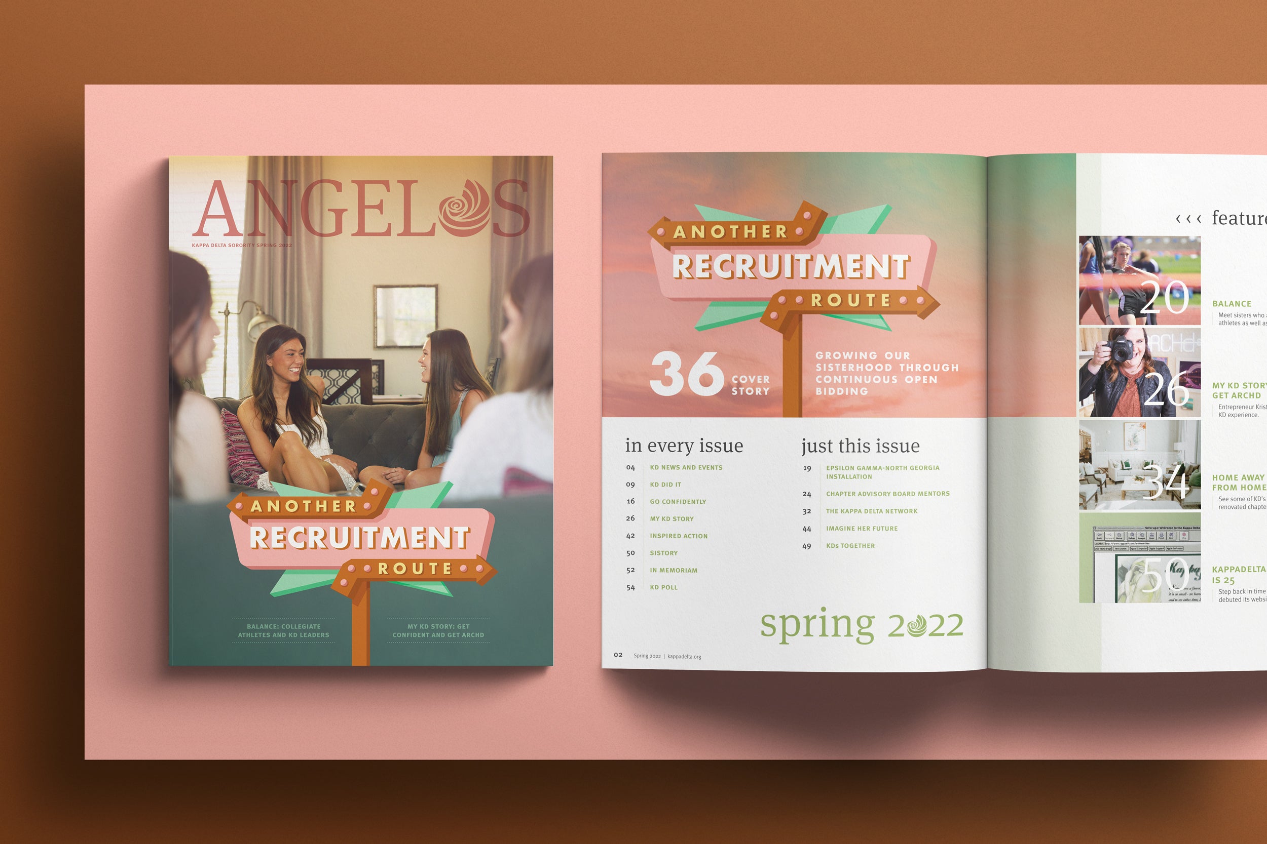 Magazine cover design and Table of Contents article layout for the spring issue of The Angelos