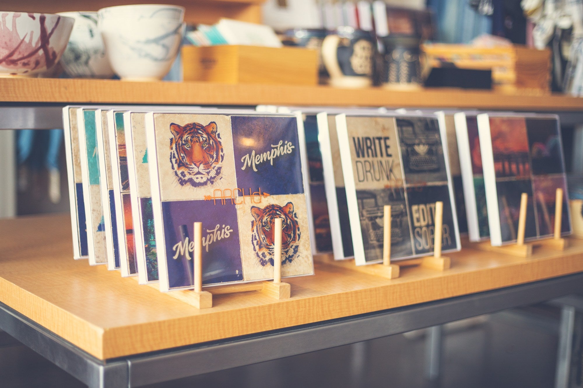 Memphis Tiger marble coasters by ARCHd on bamboo racks at Stock & Belle general store