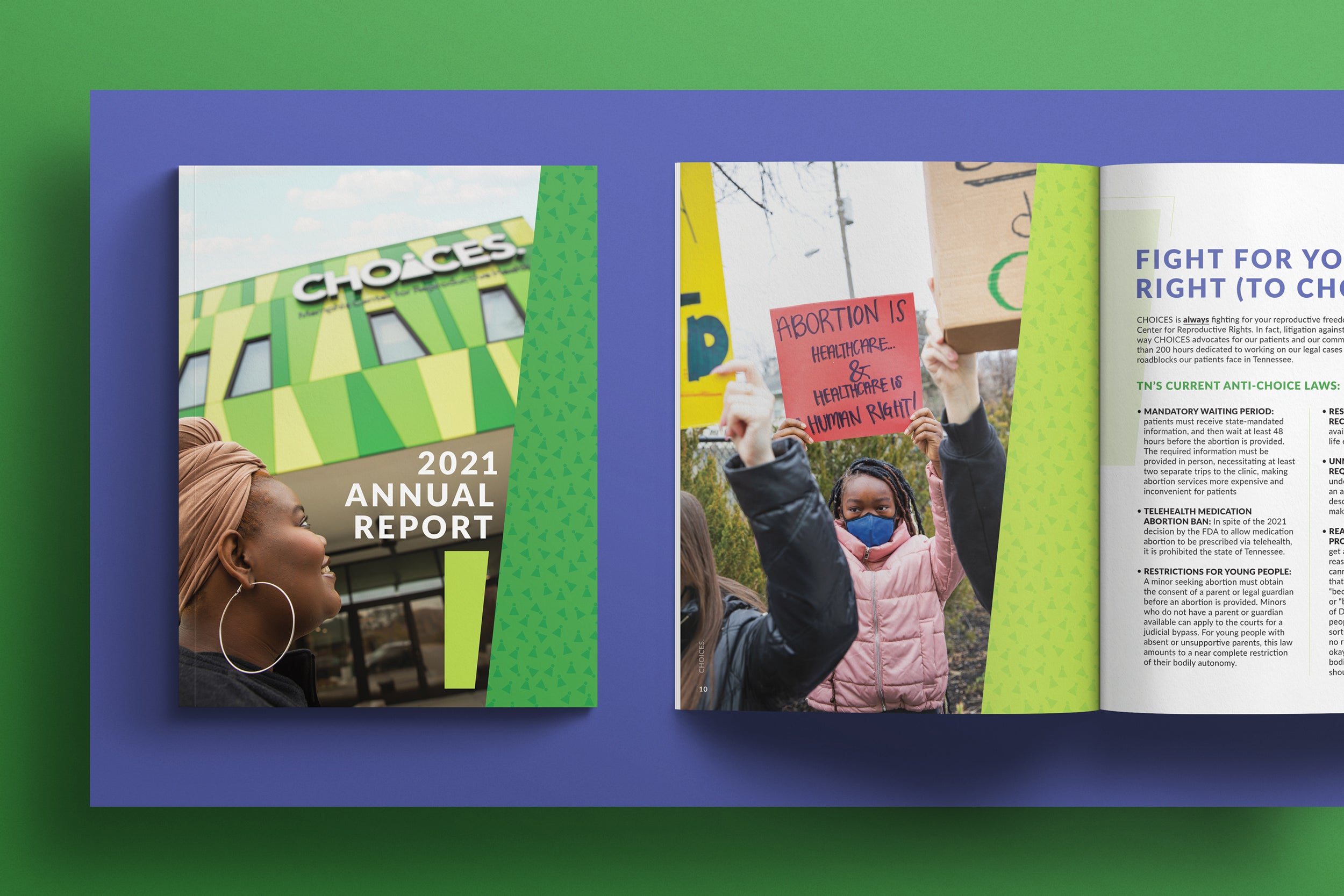 colorful branded nonprofit annual report design and full spread mockup