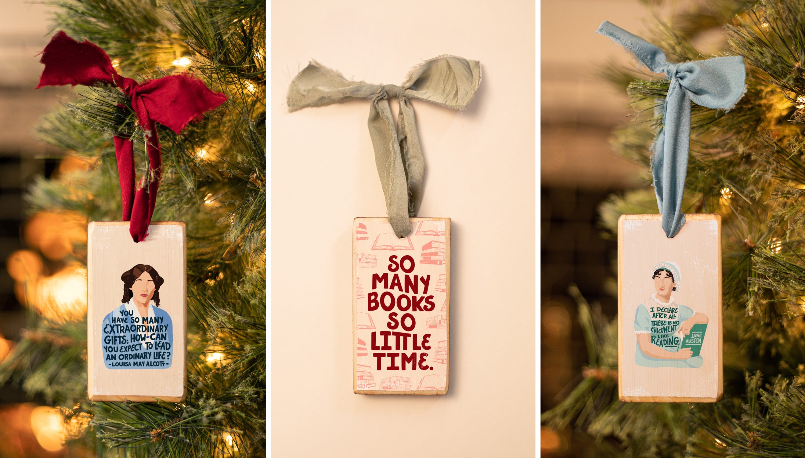 Christmas ornaments for classic literature readers and book lovers featuring Louisa May Alcott and Jane Austen and quotes from little Women and Price and Prejudice