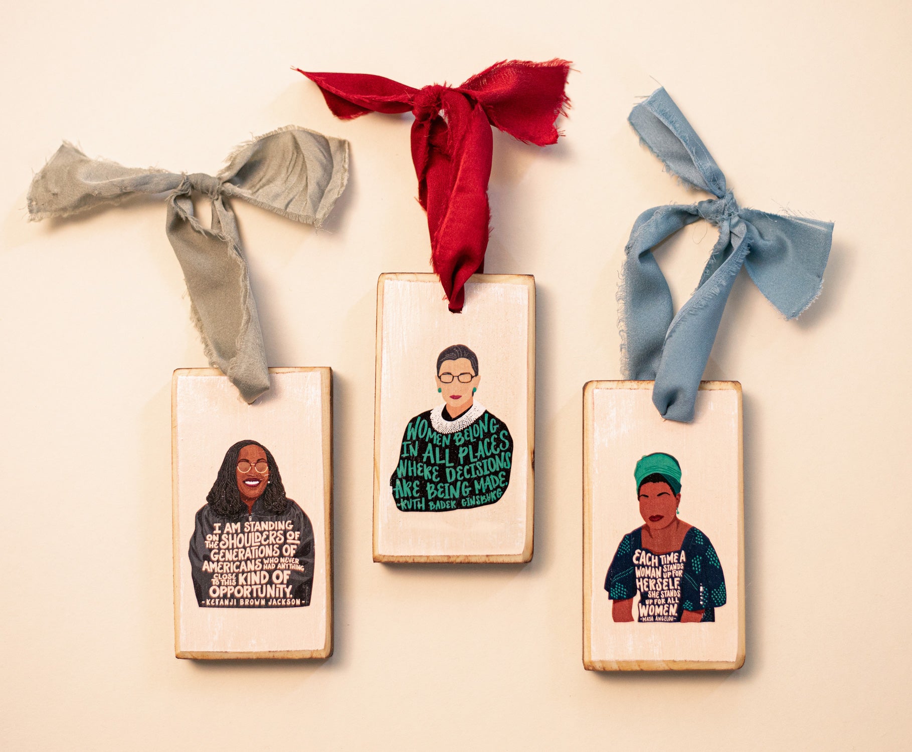 Feminist illustration wood Christmas ornaments of Ketanji Brown Jackson, Ruth Bader Ginsburg and Maya Angelou