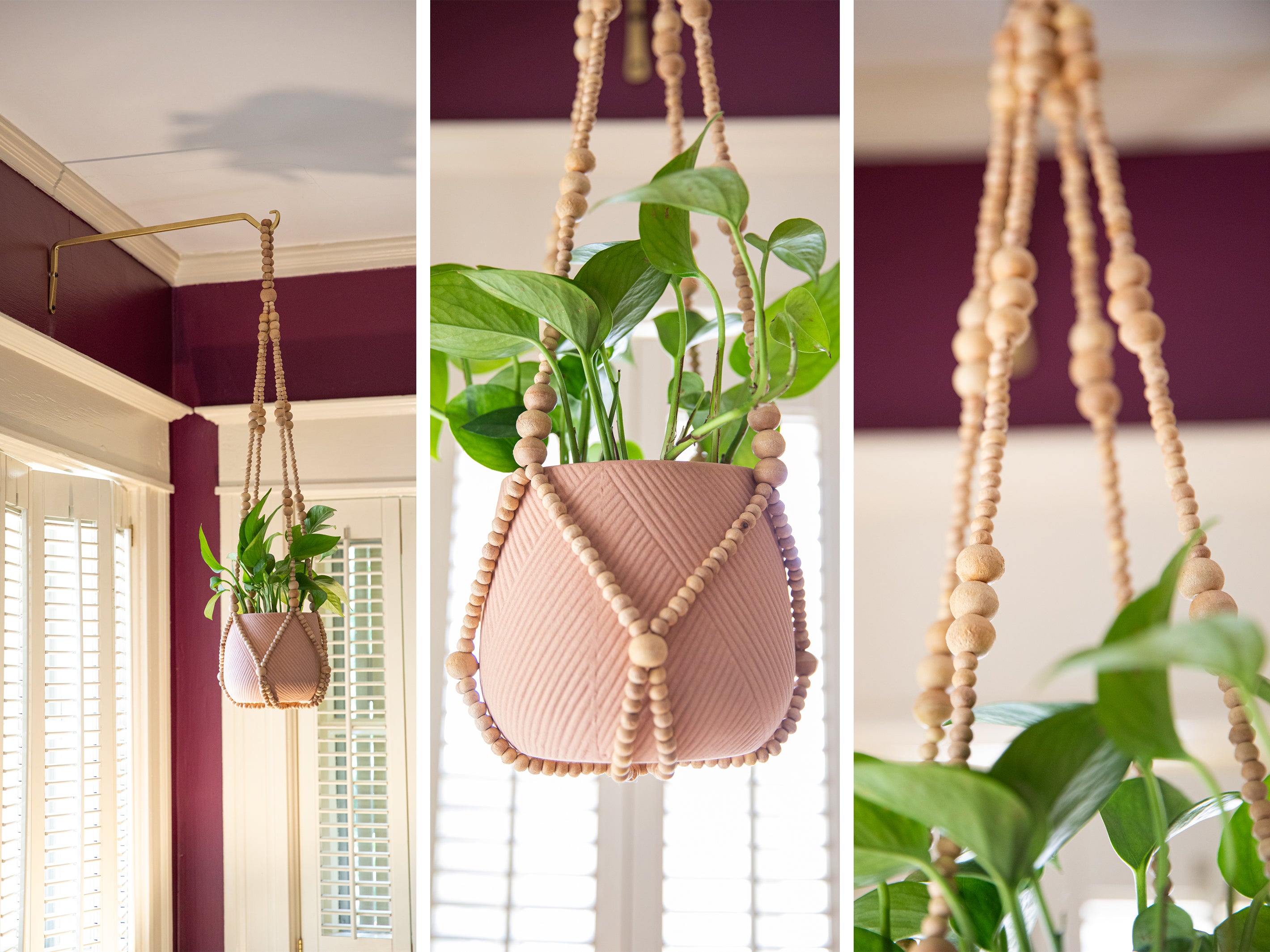 Apothos plant hanging in light pink ceramic holder by wood bead plant hanger