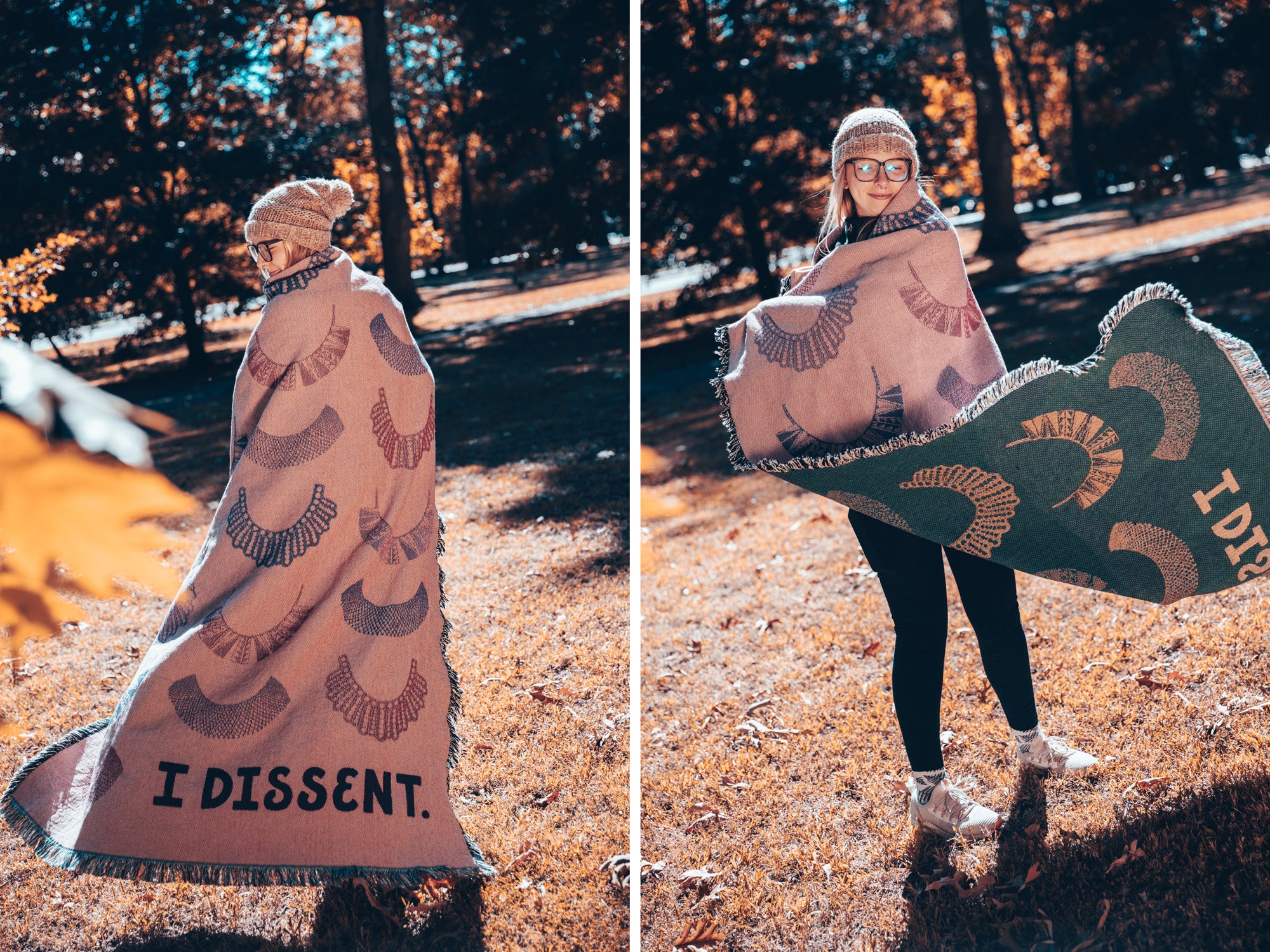 I Dissent woven blanket with Ruth Bader Ginsburg dissent collars. Model holding blanket around shoulders and twirling in fall tree setting.