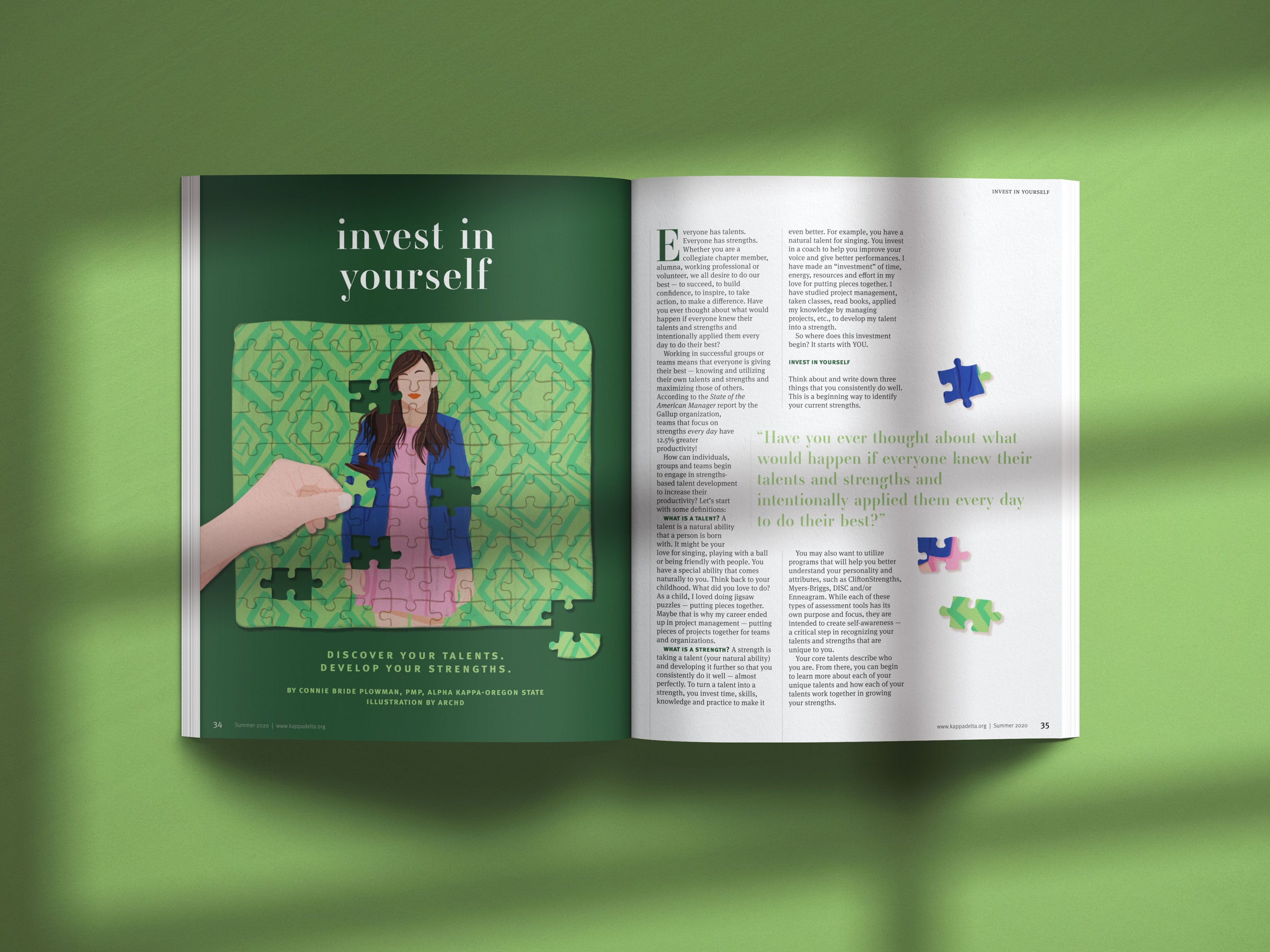 invest in yourself woman puzzle piece editorial illustration magazine design