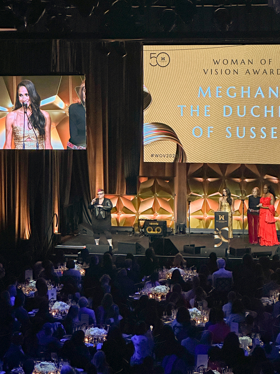 meghan duchess of sussex speaking on stage at ms foundation gala