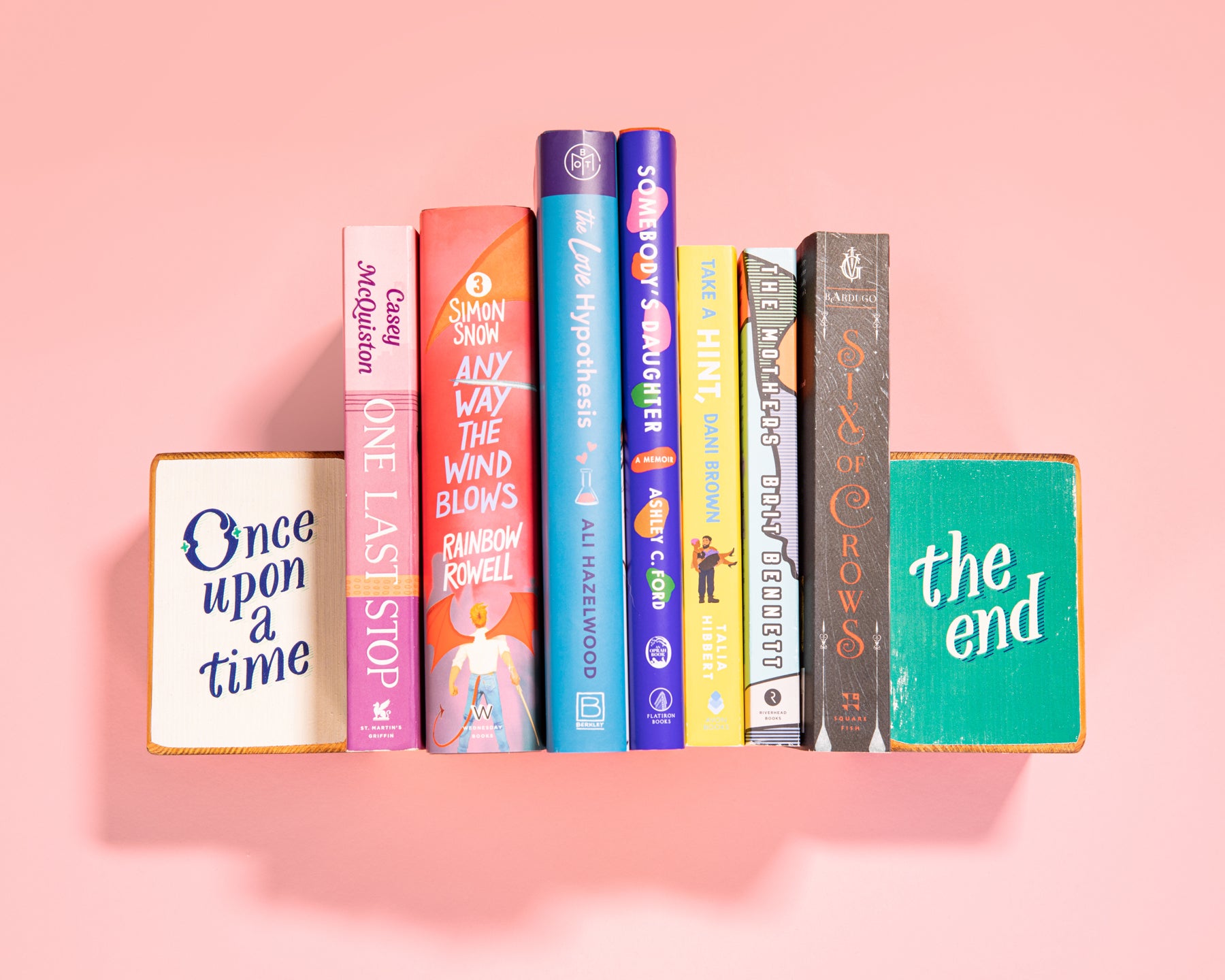 Once Upon a Time, The End, wood bookend set paired with list of 7 books by women authors to read