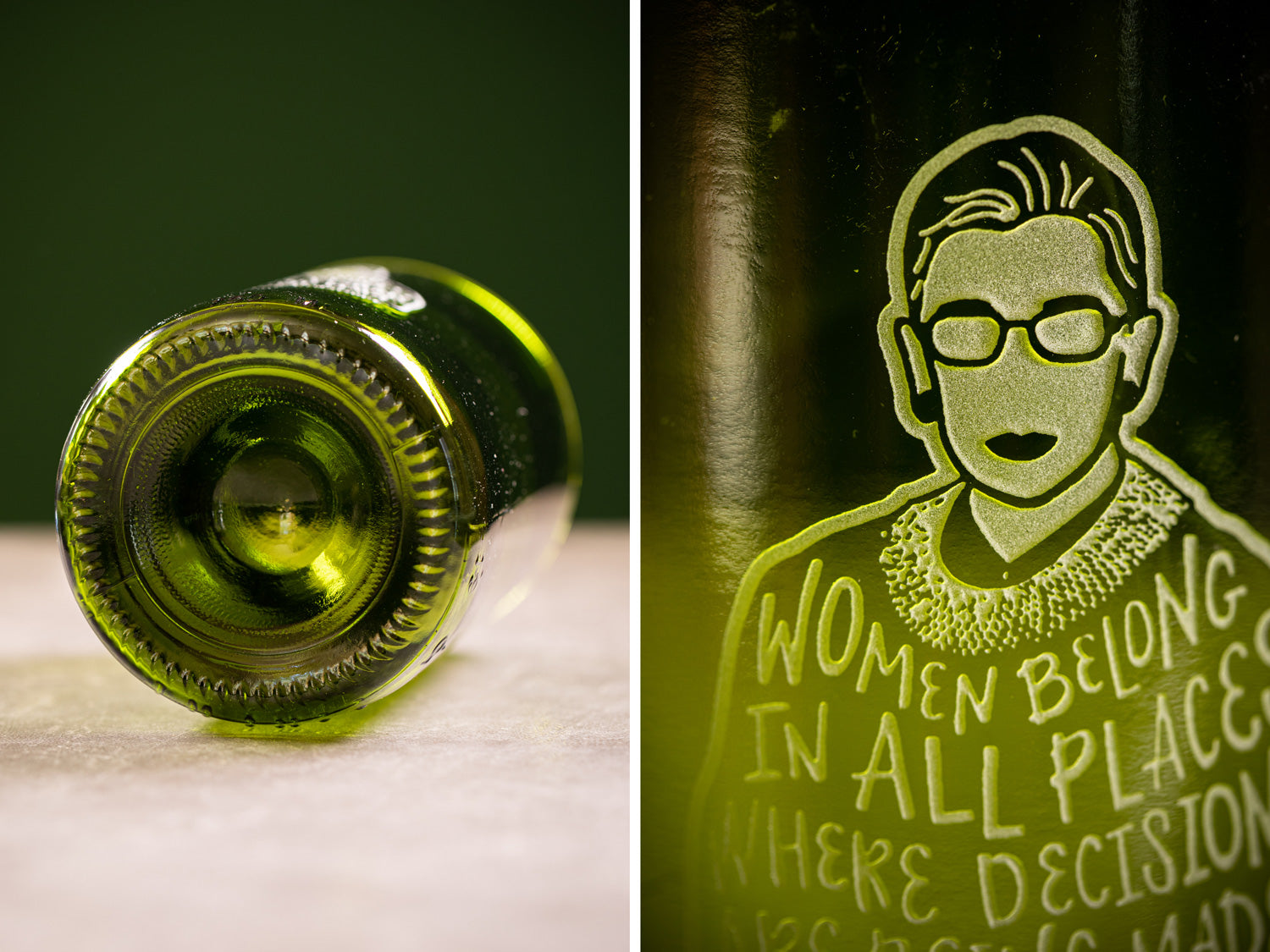 Bordeaux green glass wine bottle recycled into a wine tumbler; sand-carved with illustration of Ruth Bader Ginsburg