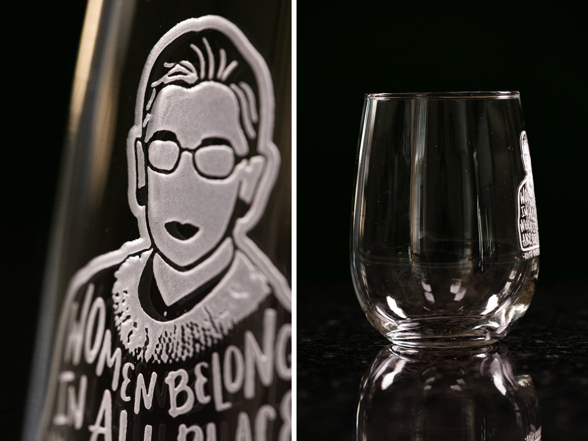 Close up view of sand carved Ruth Bader Ginsburg design on stemless wine glass