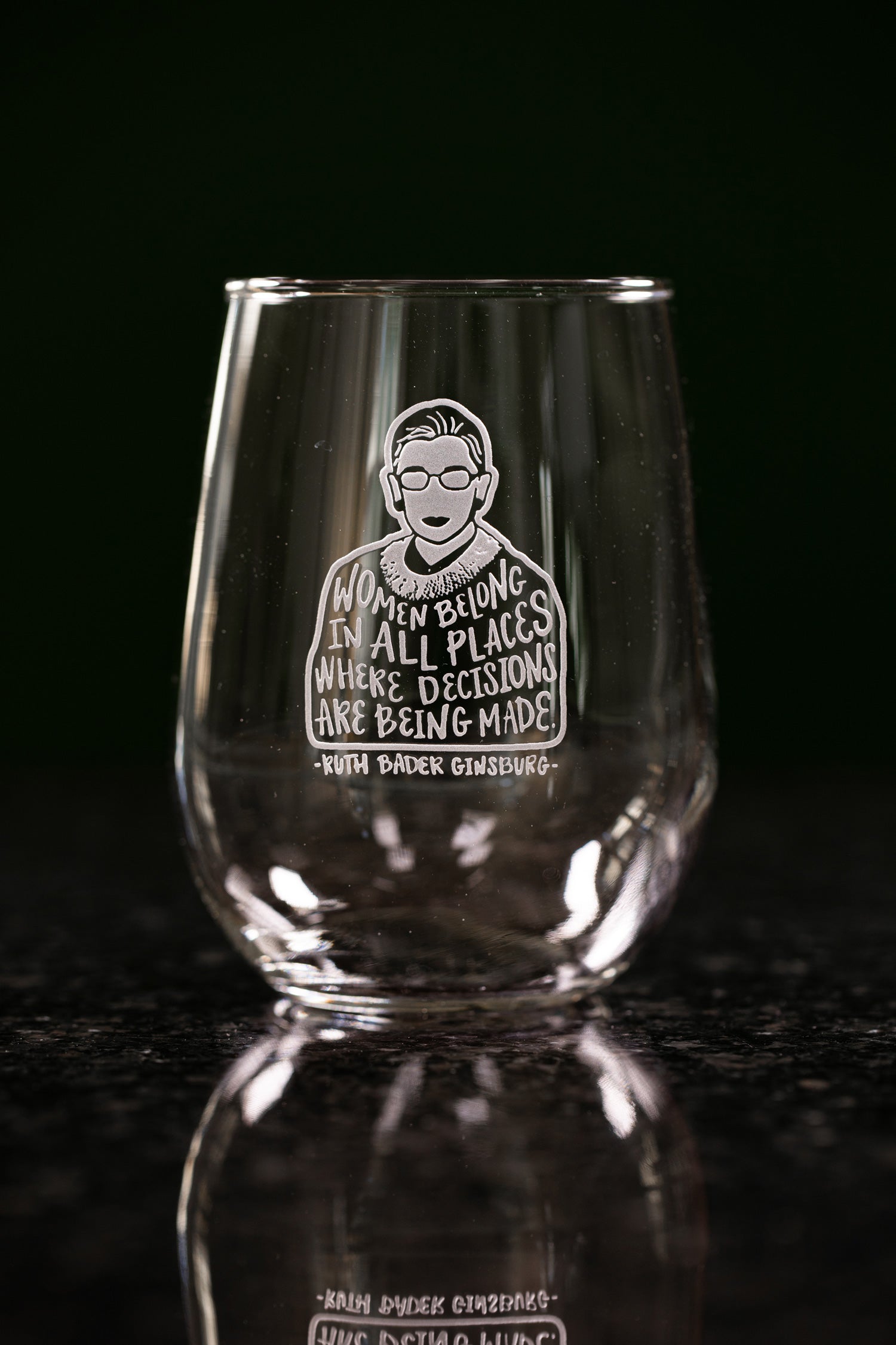 Stemless wine glass featuring Ruth Bader Ginsburg illustration sand carved into front side