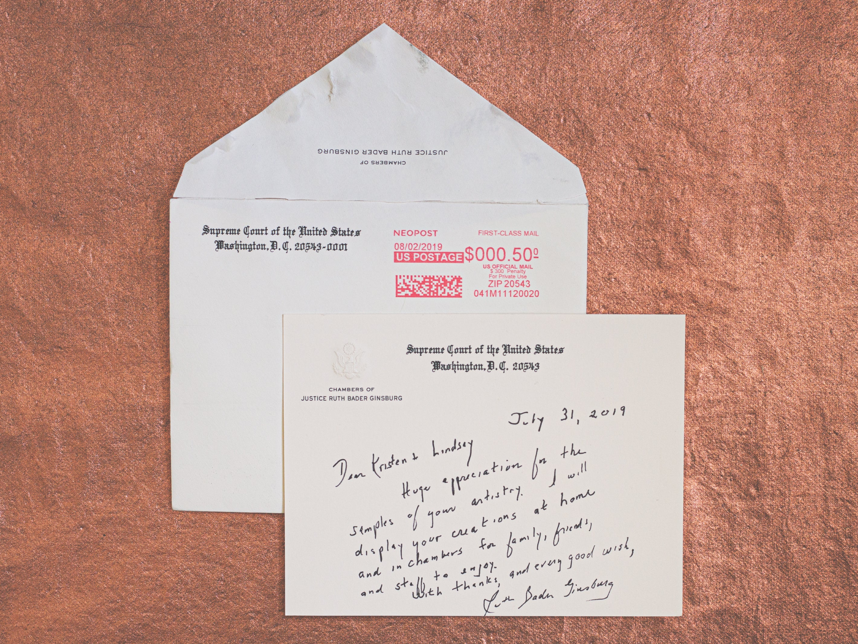 Letter to Kristen and Lindsey Archer from the late supreme court justice ruth bader ginsburg on copper background