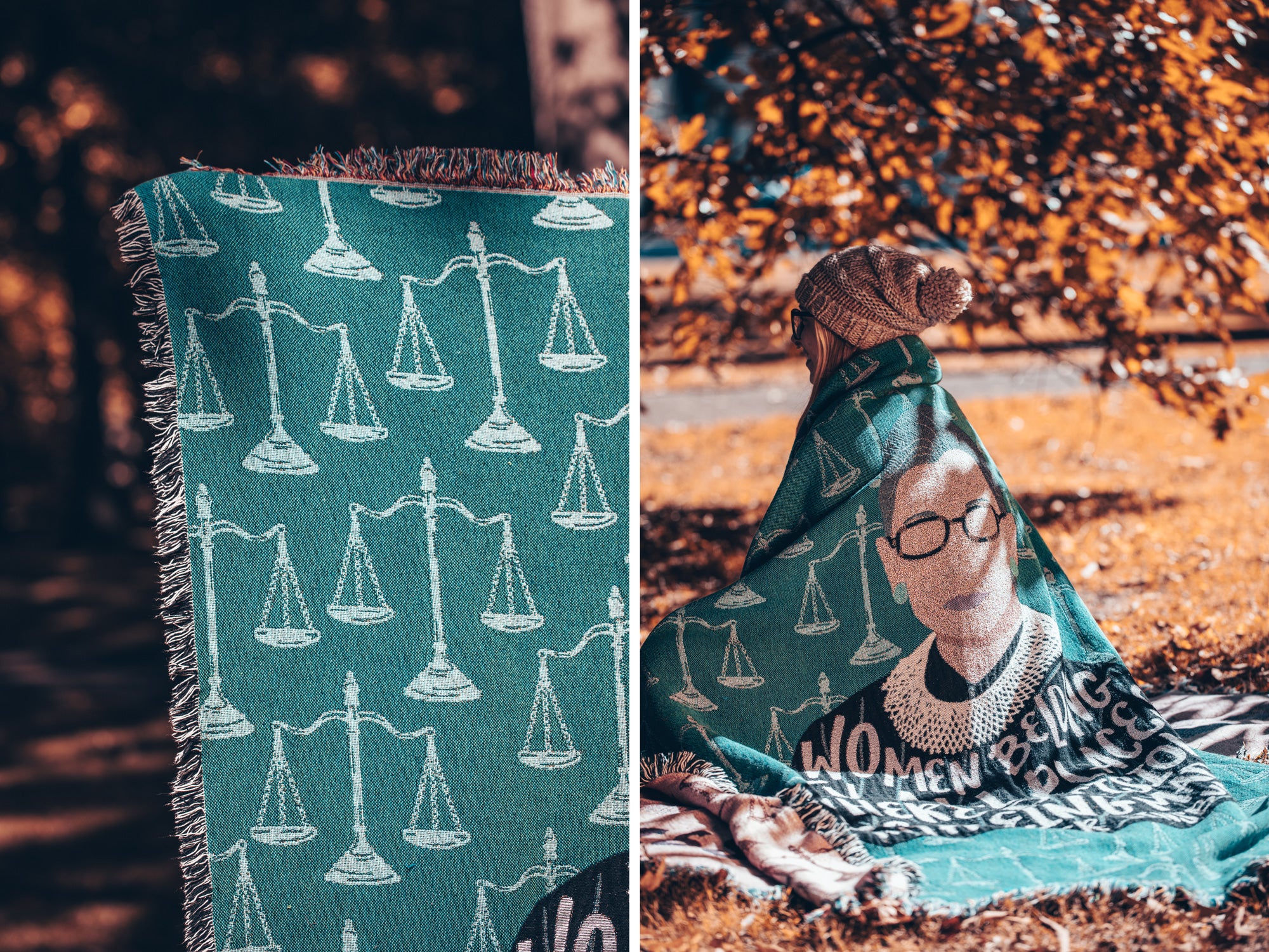 Close up view of fringe on edge of Ruth Bader Ginsburg blanket; Model sitting in park during fall with RBG blanket wrapped around her shoulders.