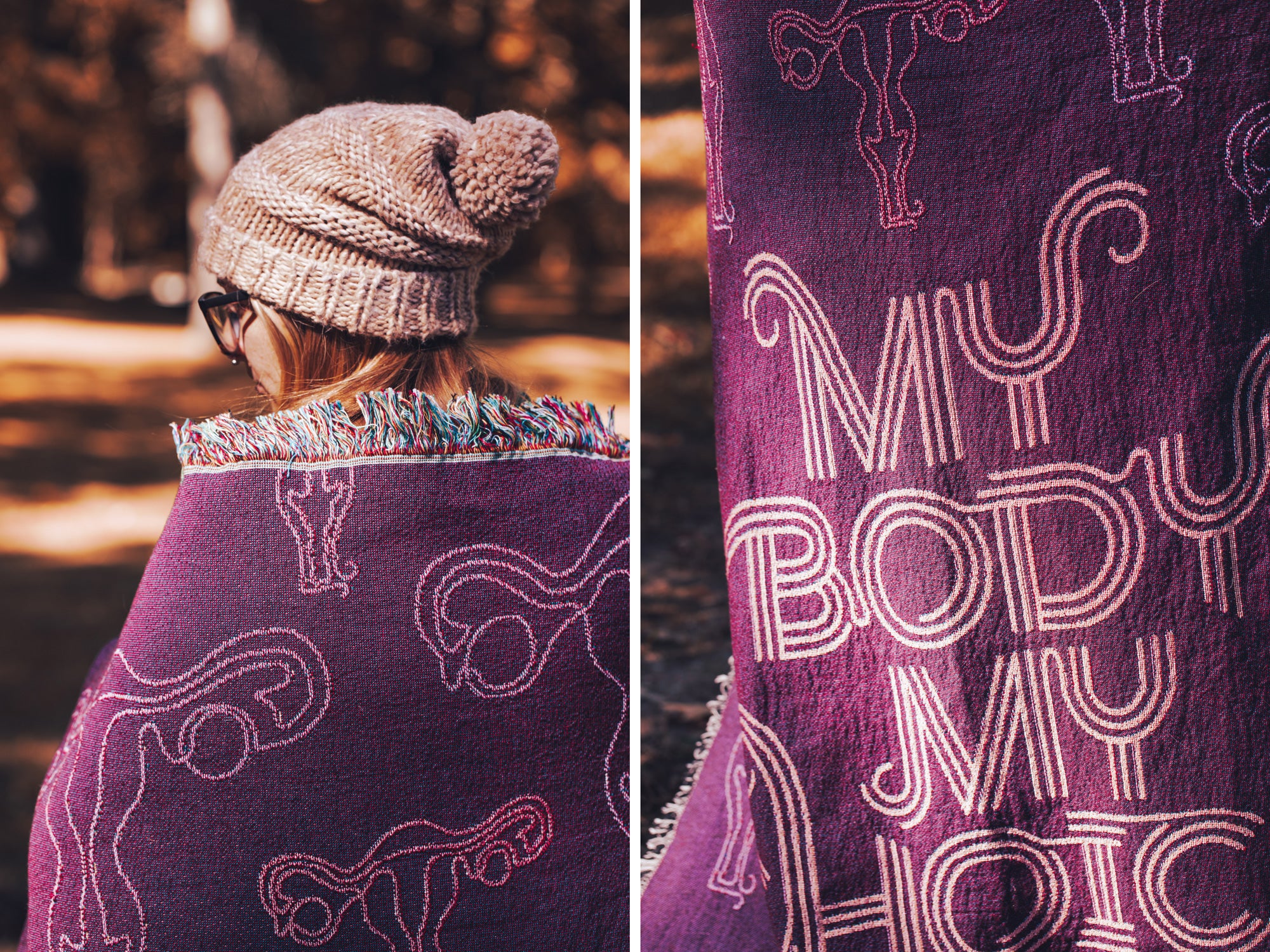 Close up of blanket fringe and My Body My Choice lettering on purple woven blanket