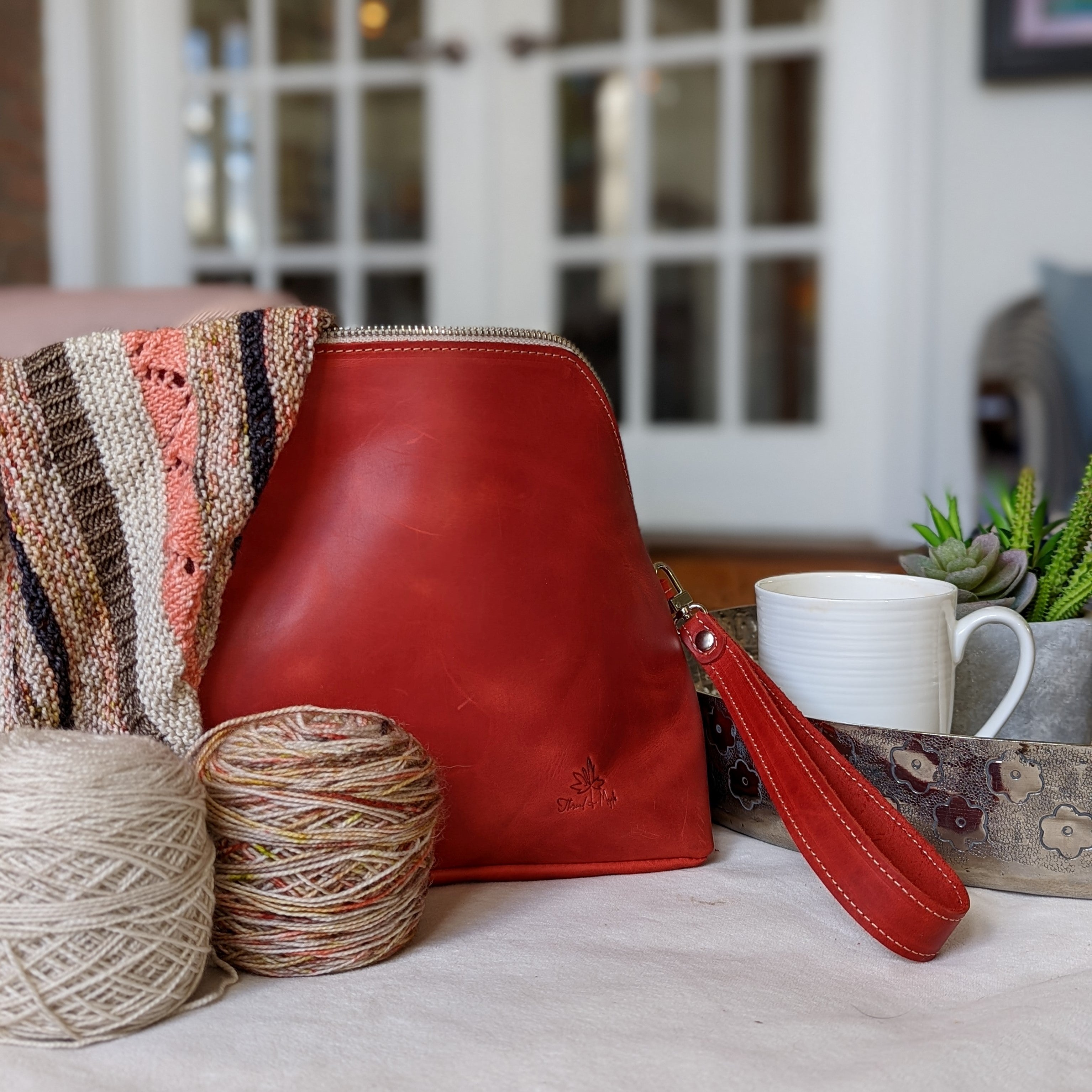 Knitting Project Bag Orange Canvas and Golden Brown English Bridle Leather Project Bags for Knitting Made in USA