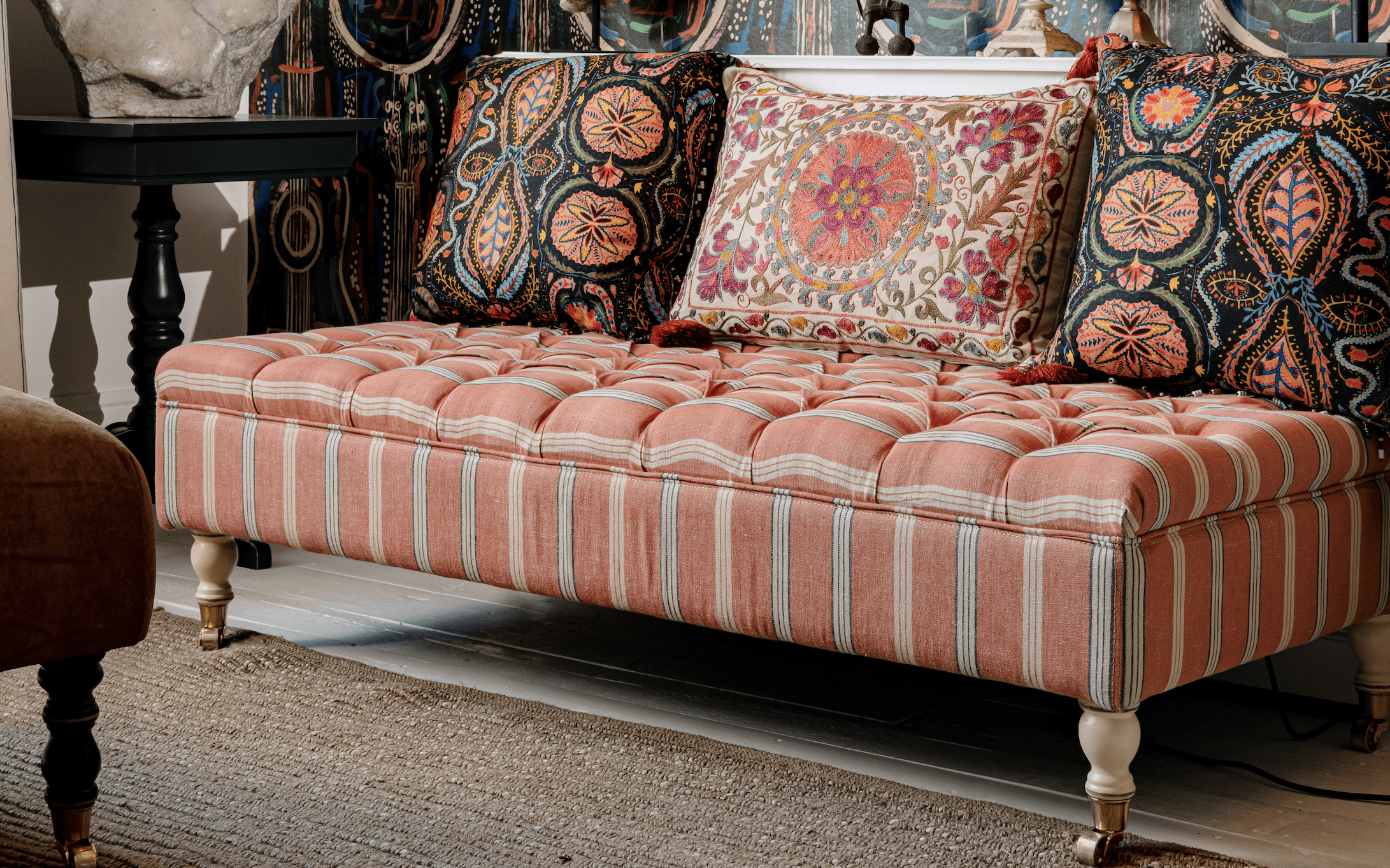 Striped Upholstered Ottoman