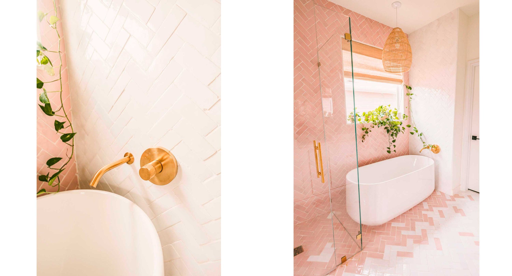 Bathroom with custom bubble gum glazed tiles by Clay Imports