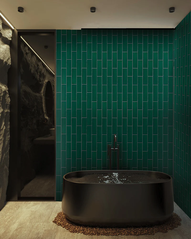 Modern bathroom design with green tiles