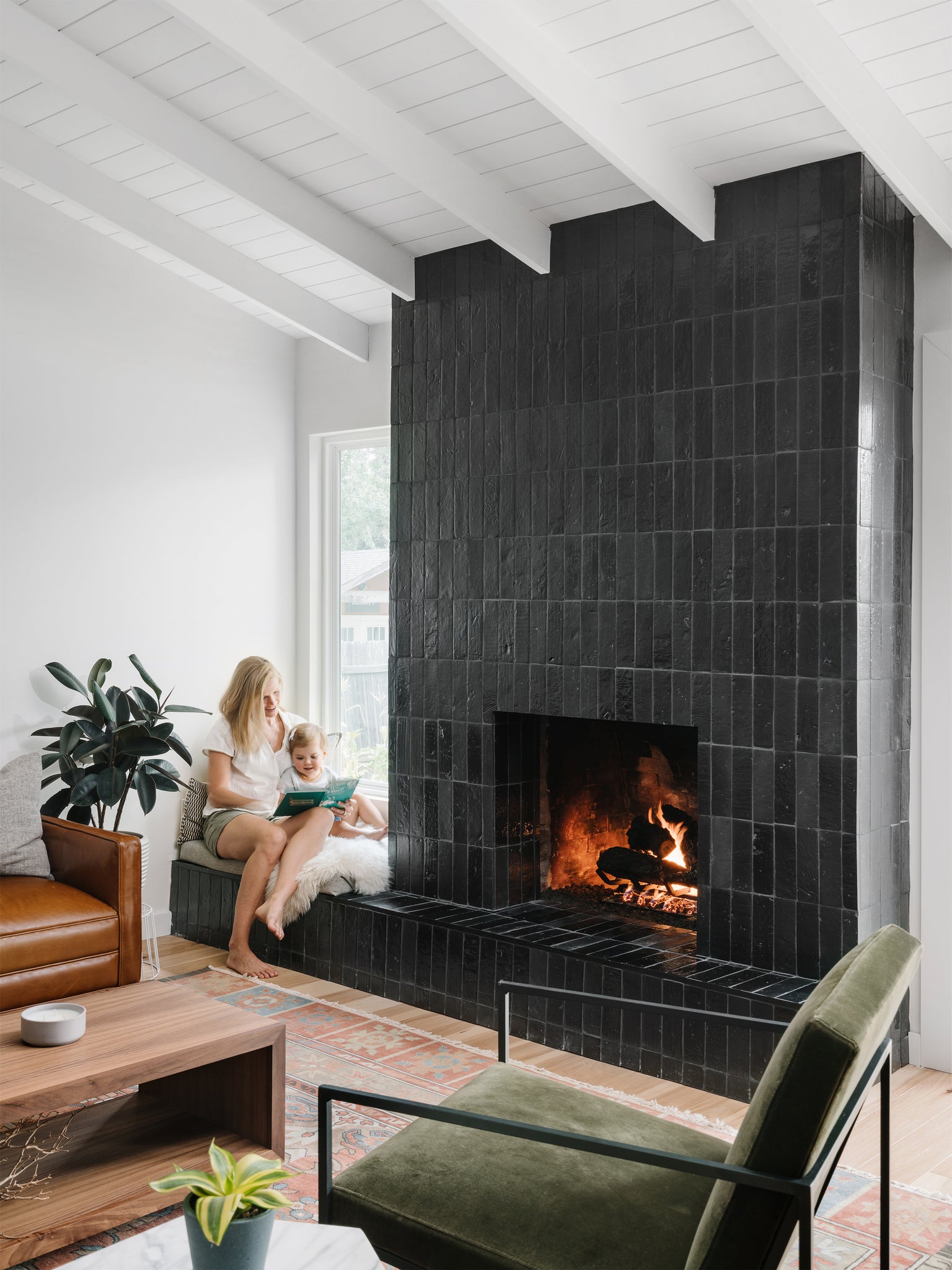 Fireplace with Glazed Thin Brick Noir Black by Clay Imports
