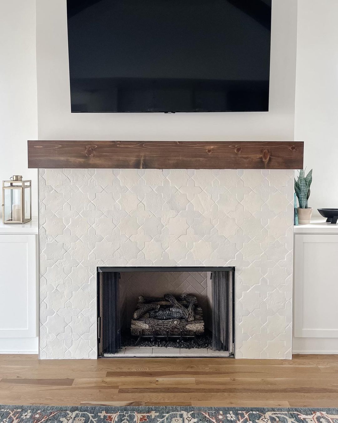 Fireplace with white tiles