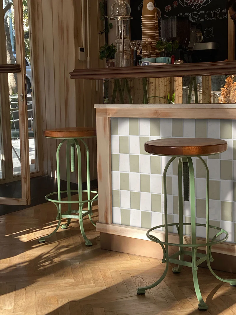 Modern kitchen bar with white and green tiles