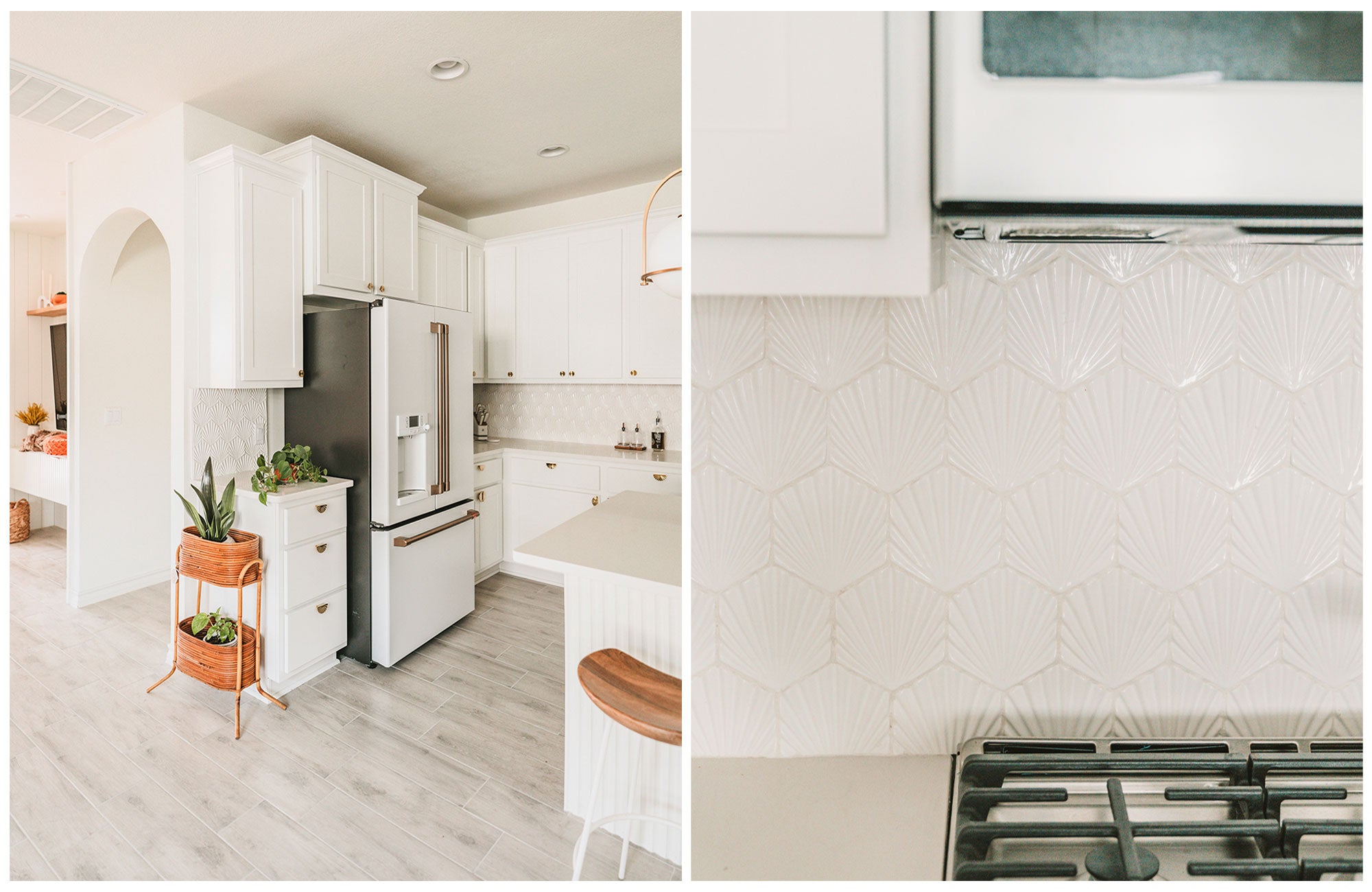 Details of kitchen Backsplash with white palmas tiles by Clay Imports