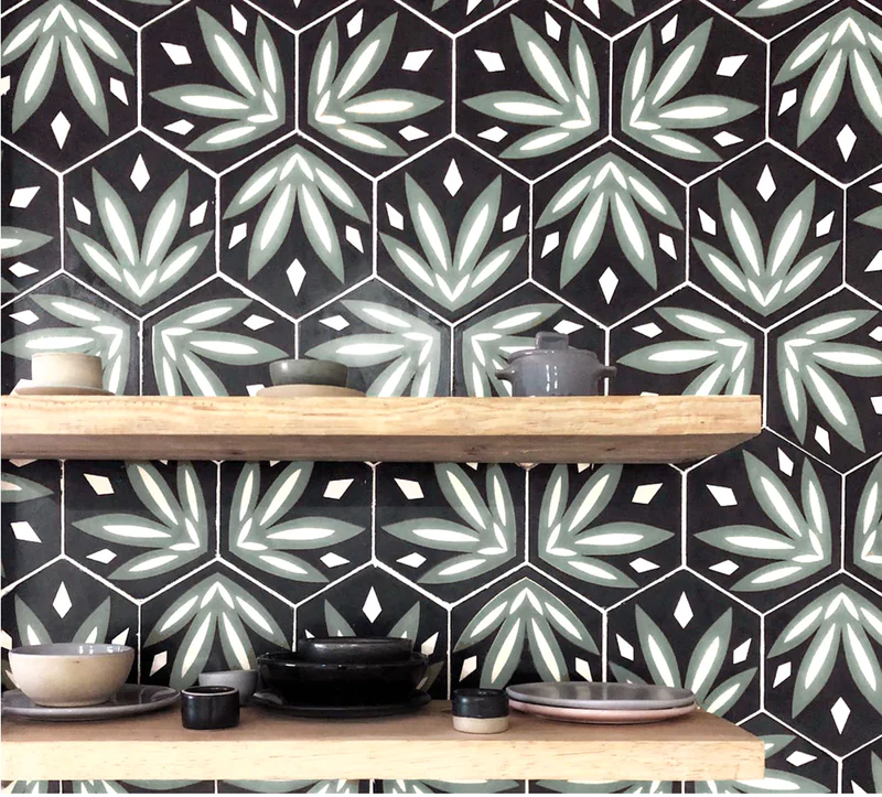 Modern kitchen backsplash with black tiles
