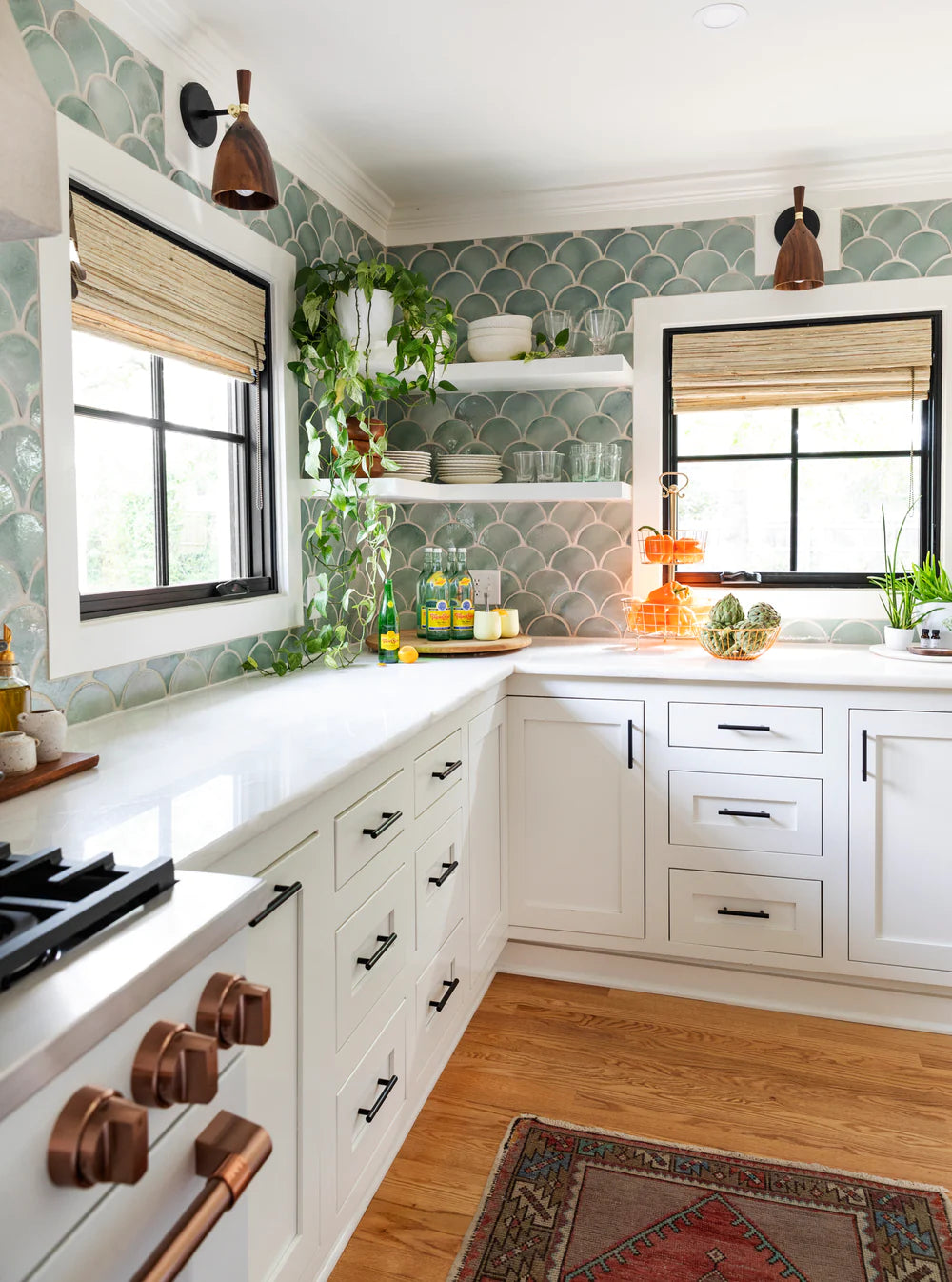 Kitchen backsplash with green tiles