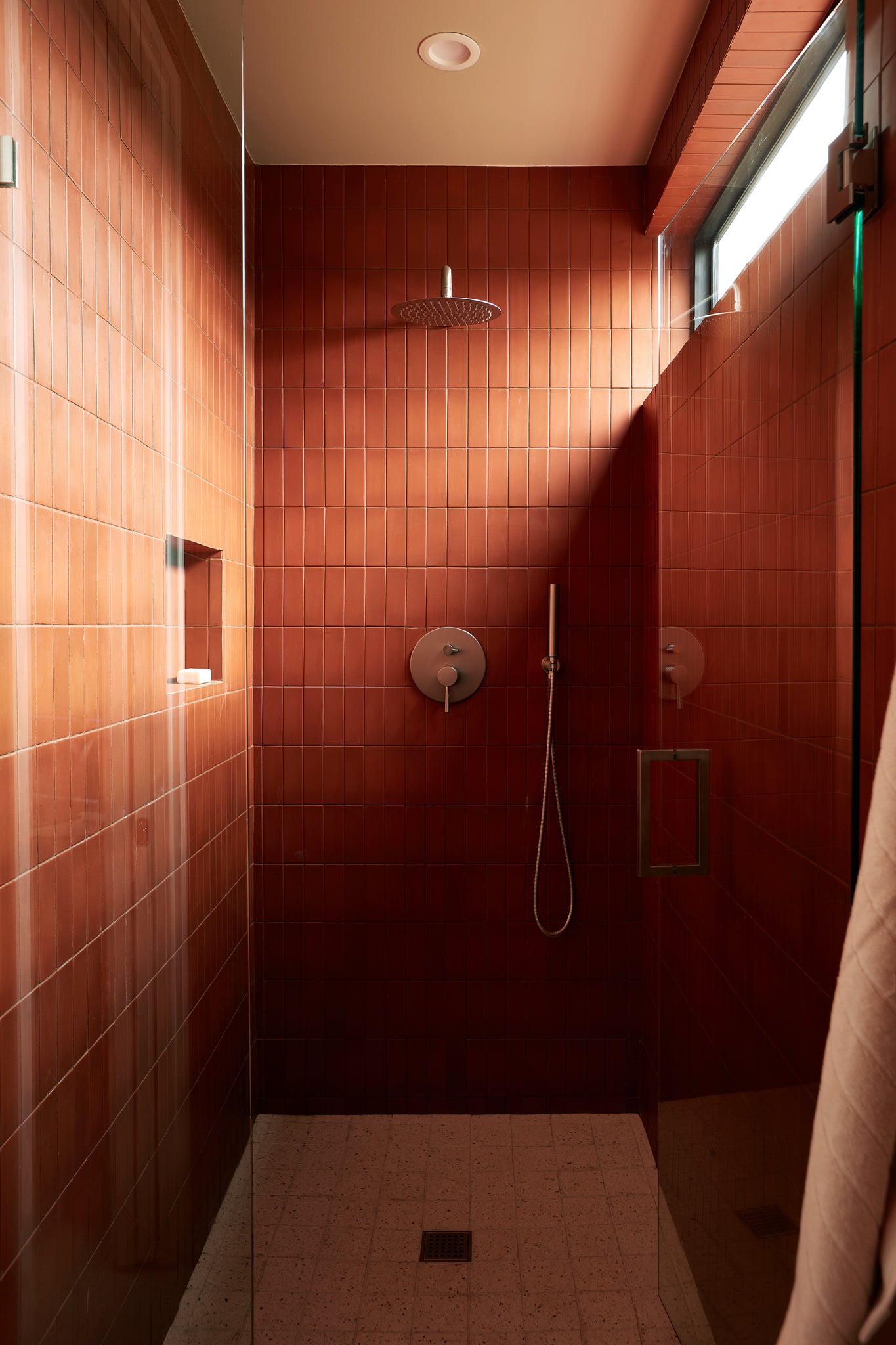Modern bathroom design with clay tiles