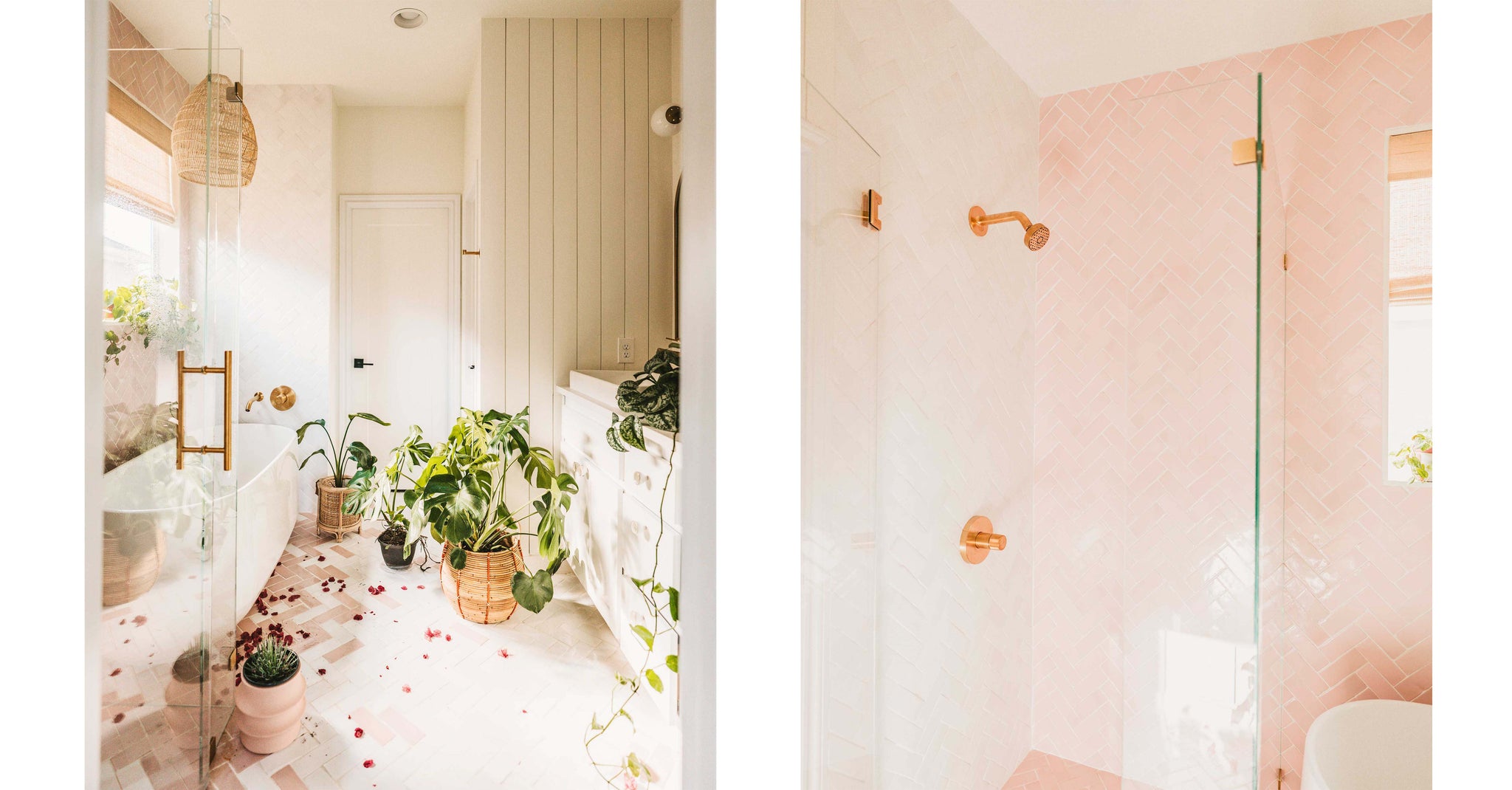 Bathroom with custom bubble gum glazed tiles by Clay Imports