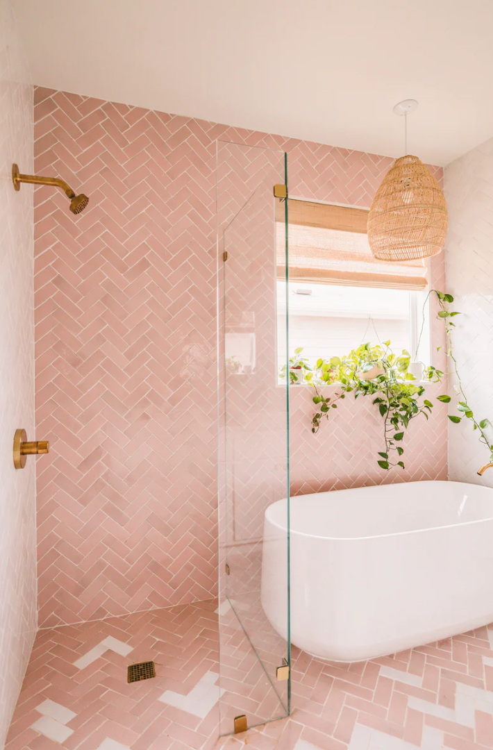 Modern bathroom design with pink tiles