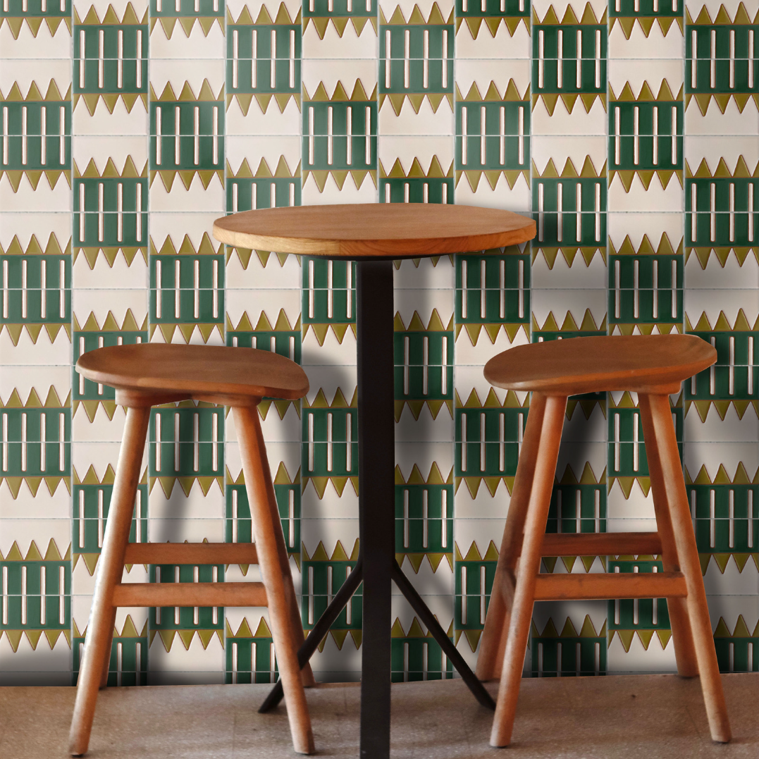 Accent dining room wall with green and white tiles