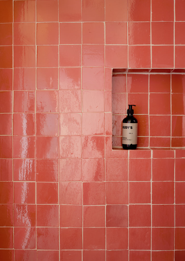 Shower wall with pink zellige tile by clay imports