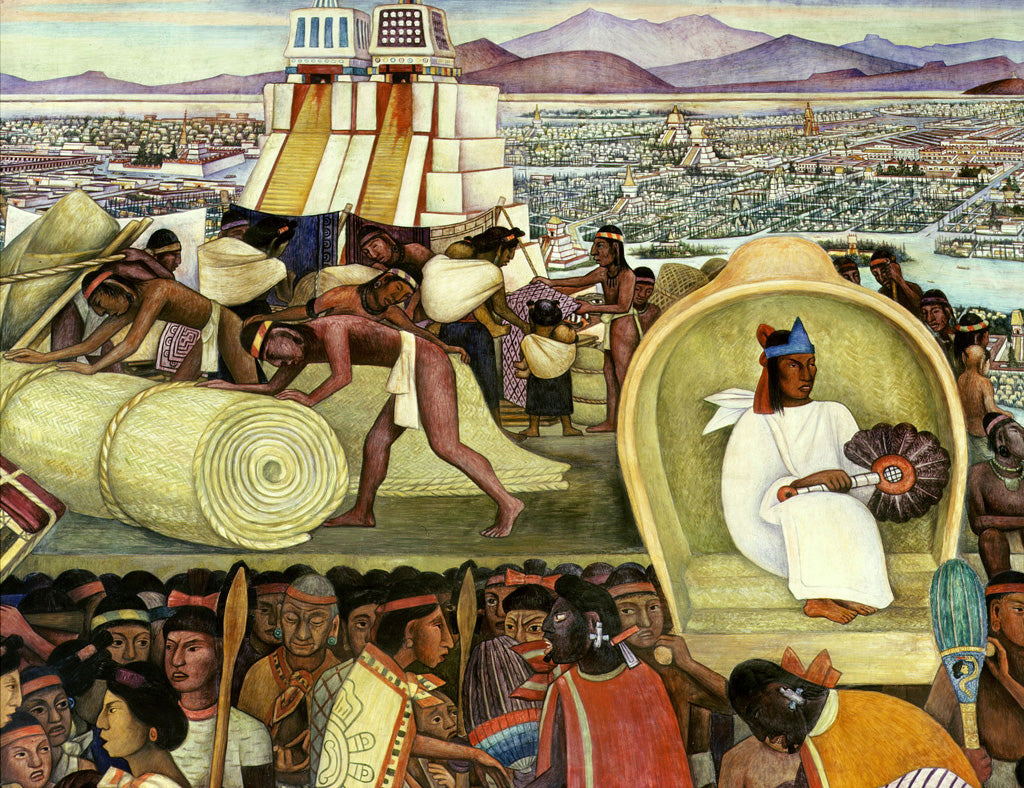 Mural “El Mercado de Tlatelolco” of ancient Aztec kingdom by Diego Rivera with equipale chair