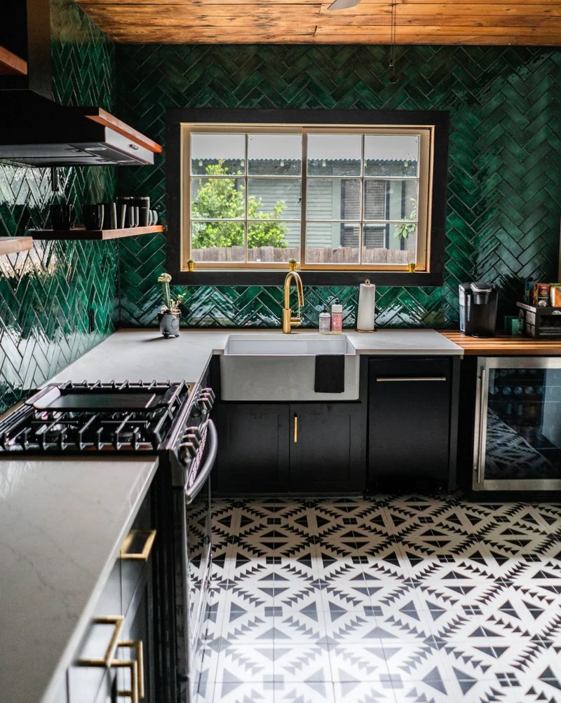 Modern kitchen design with green tiles