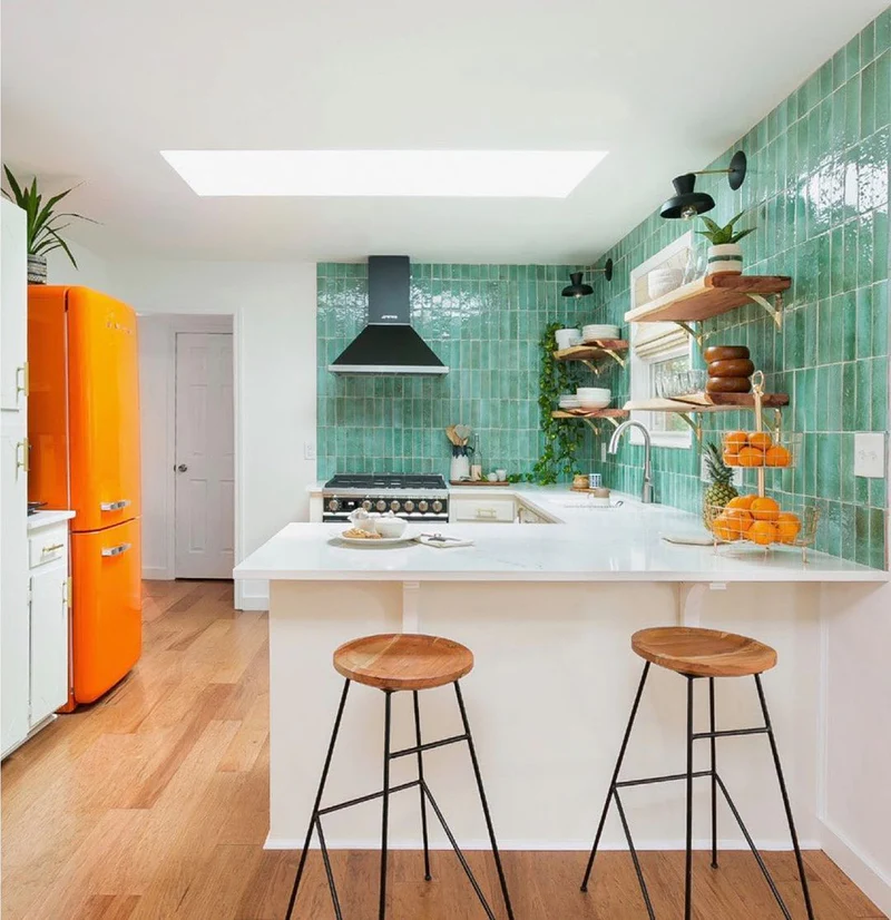 Modern kitchen design with light green tiles
