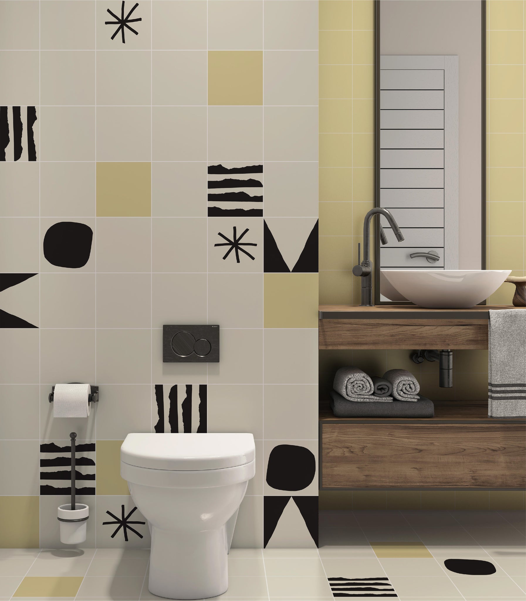 Bathroom with light yellow, white with black designs by clay imports