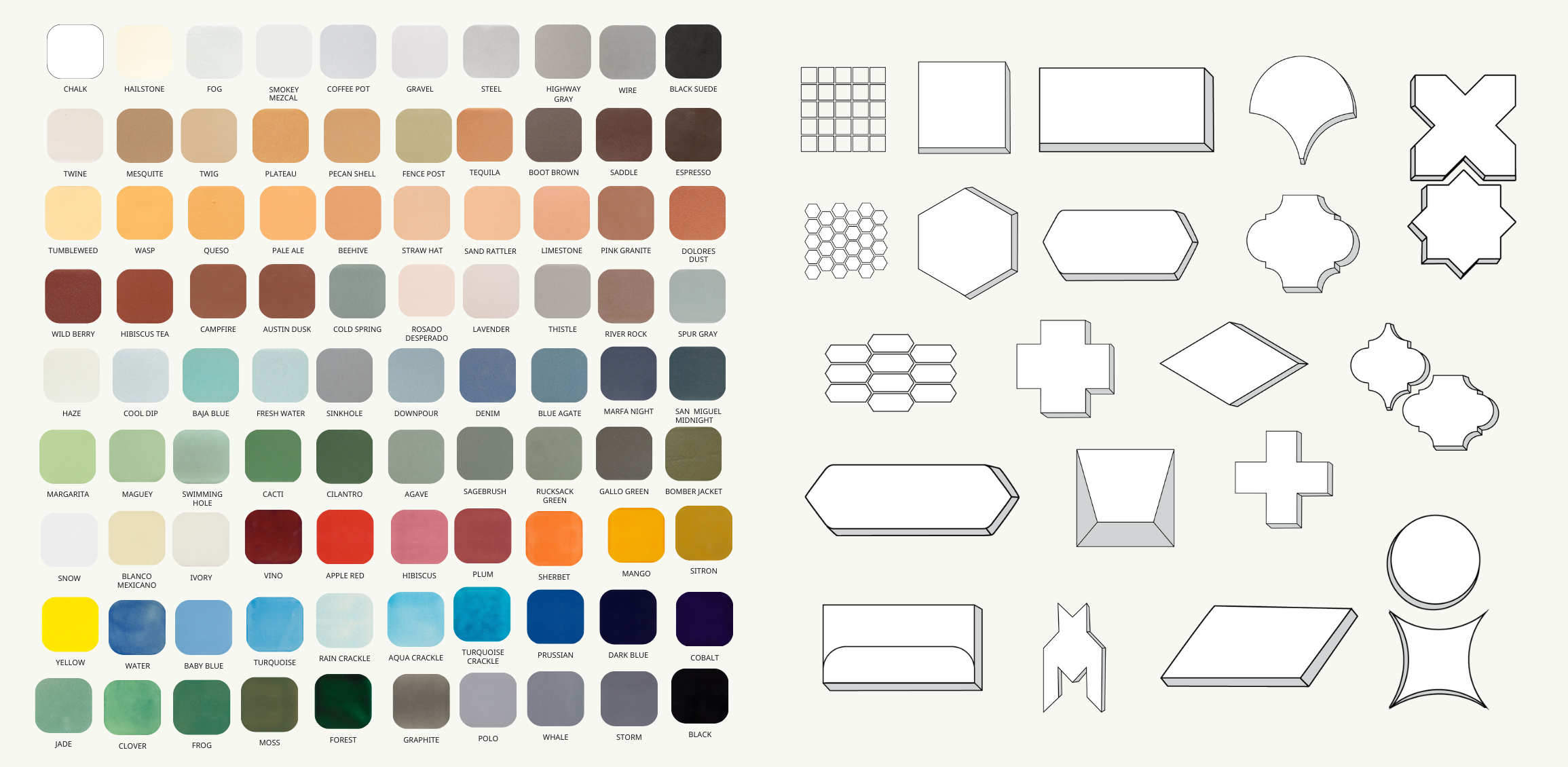 Graphic of color options and tile shapes available for customization clay imports