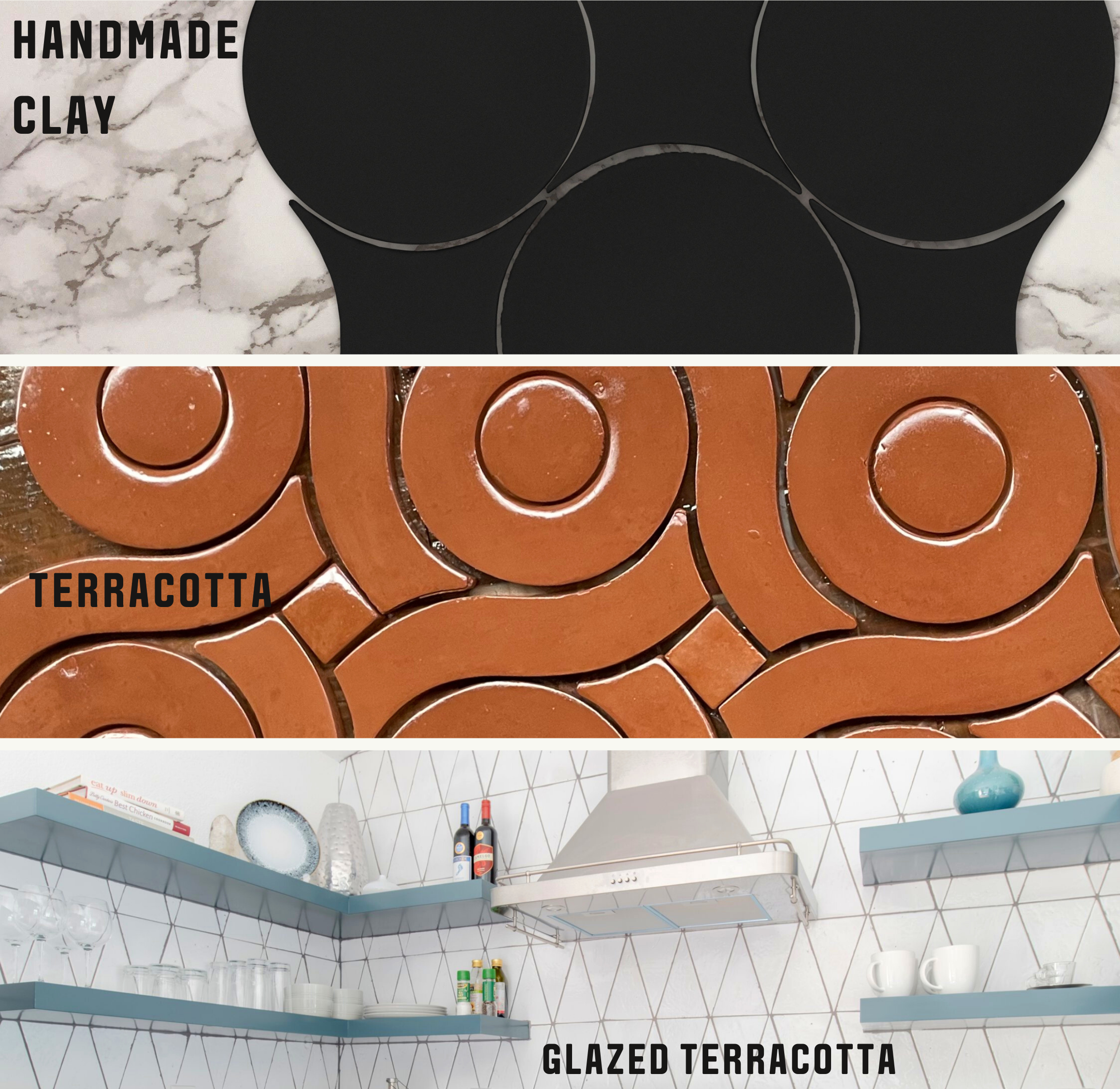 Images of tile shapes available for customization with clay imports