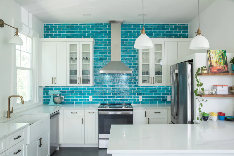 Modern kitchen design with light blue glazed tiles