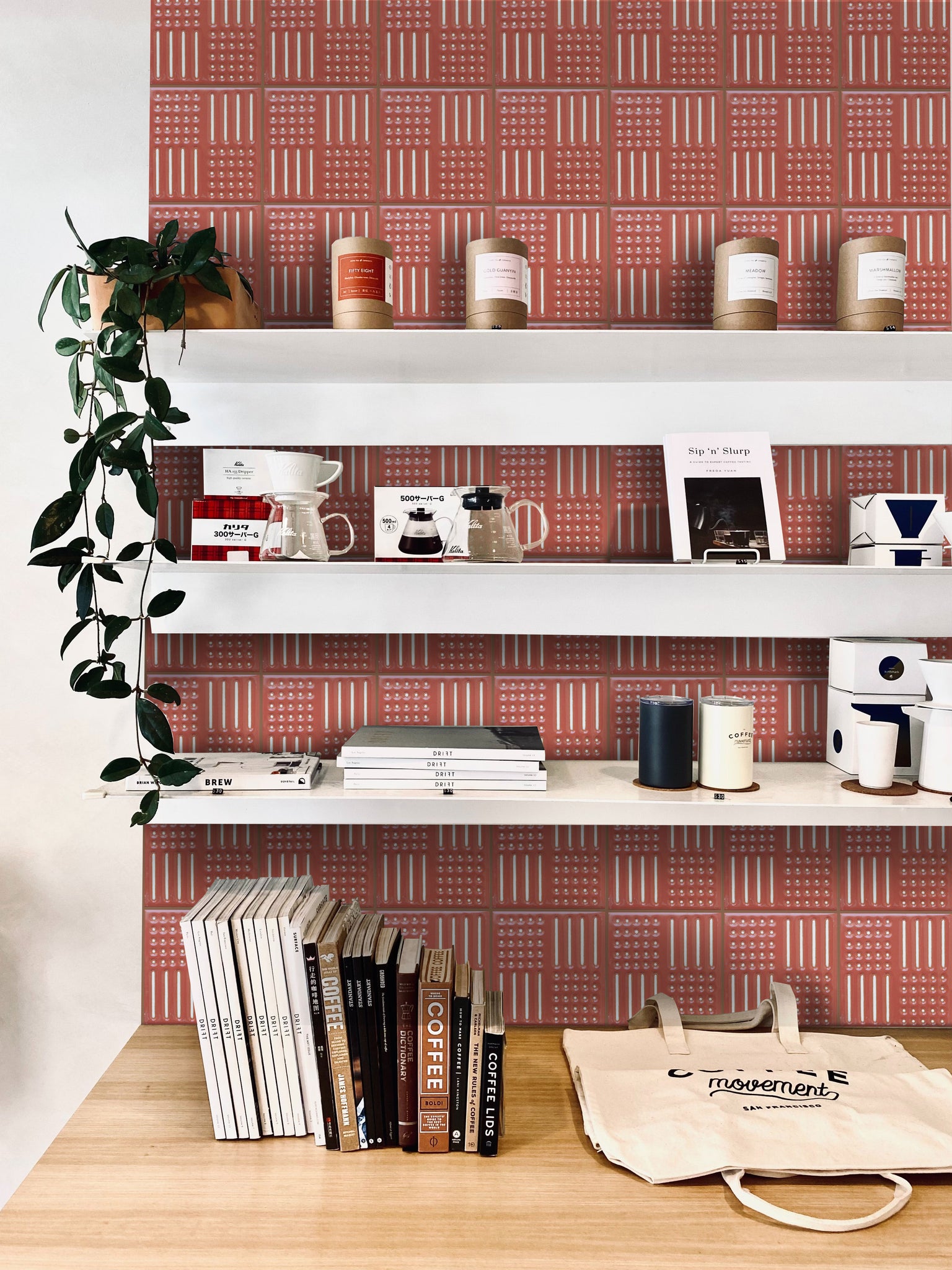 Backsplash with red and white gloss tile