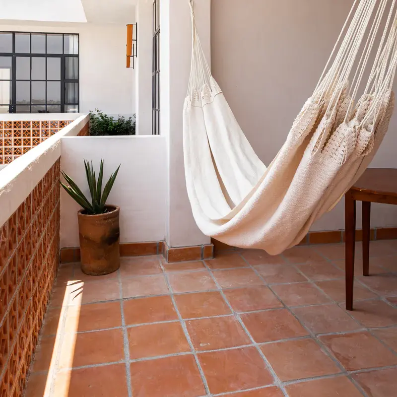 Modern outdoor design with organic terracotta tiles