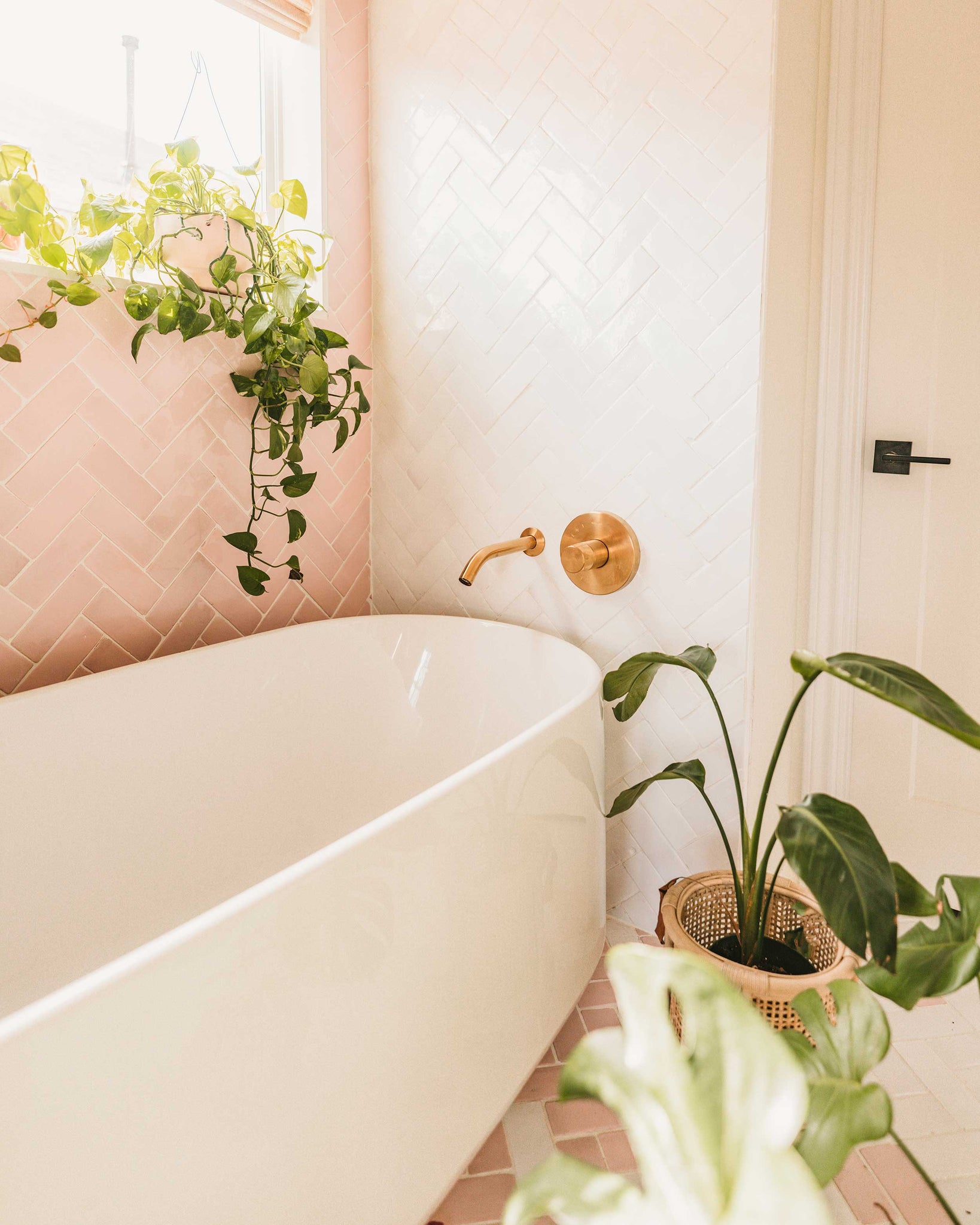 Bathroom with custom bubble gum glazed tiles by Clay Imports