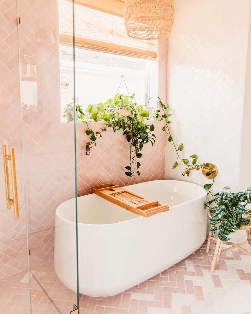 Bathroom and shower room with pink and white tiles