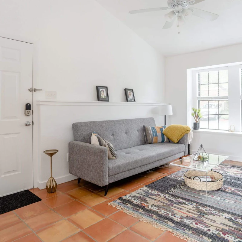 Modern living room design with terracotta tiles