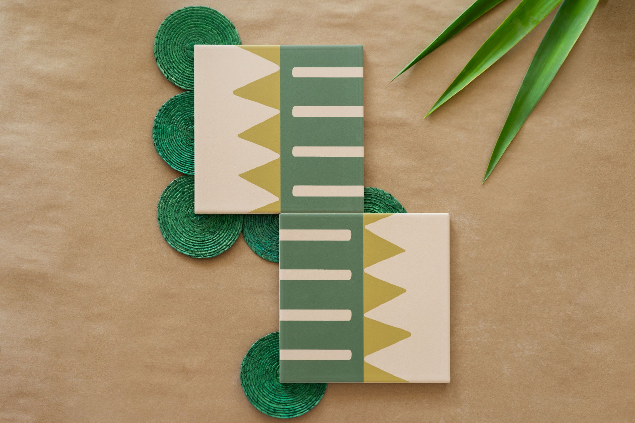 Patterned green and white tile