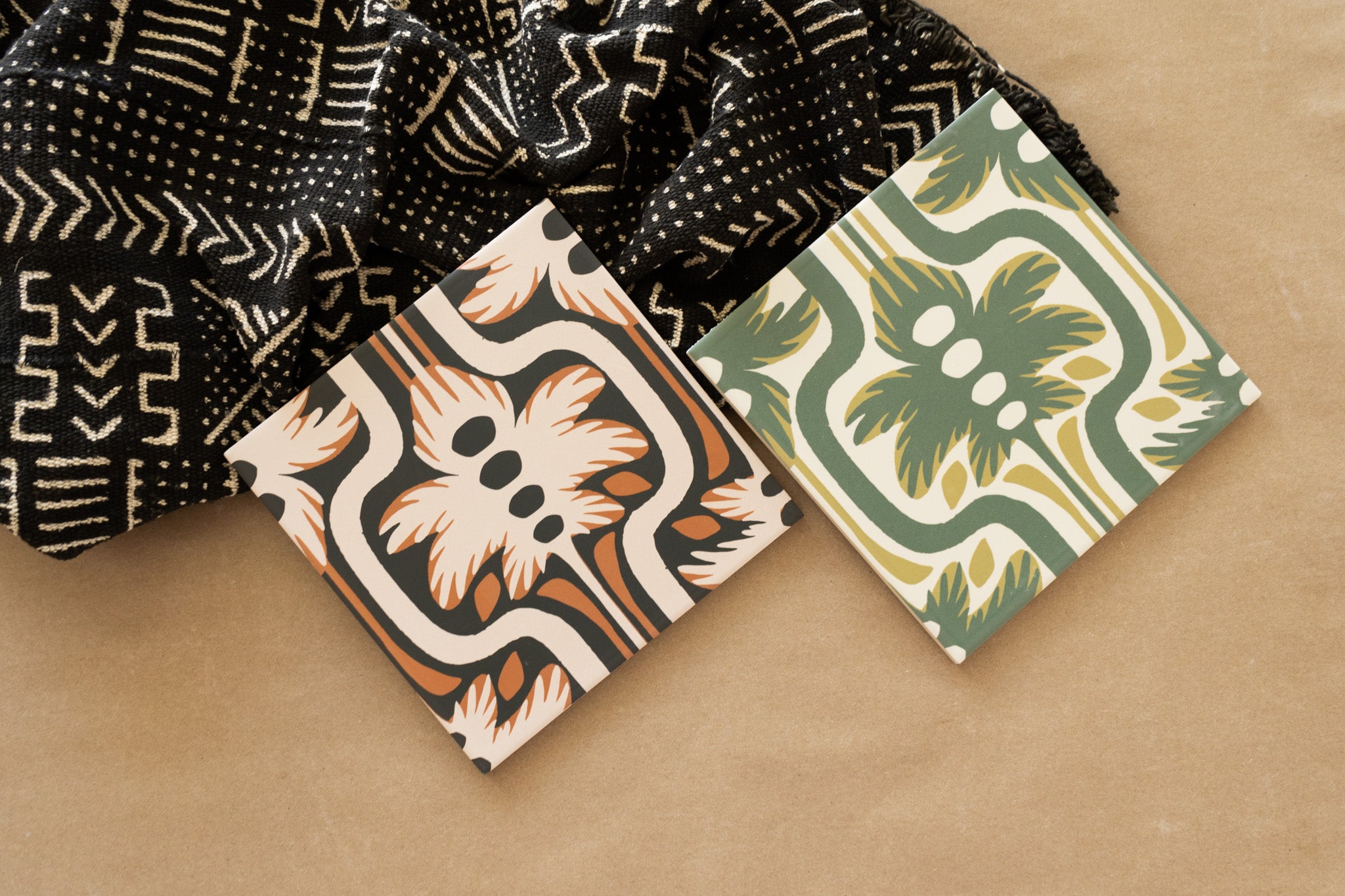 Green and black floral patterned tiles