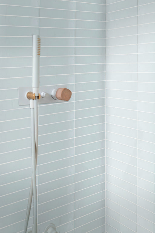 Shower with smooth blue tiles