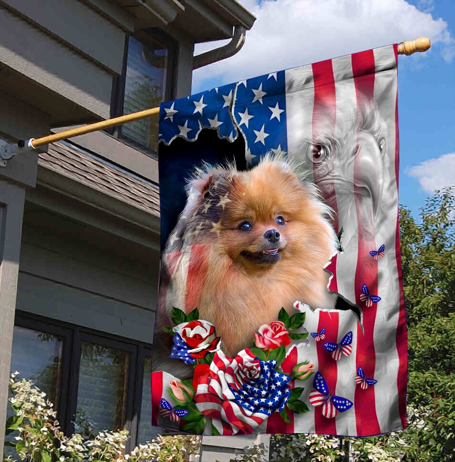 Pomeranian Dog American Patriot Flag Independence Day Printed Flag-Outdoor  Decor